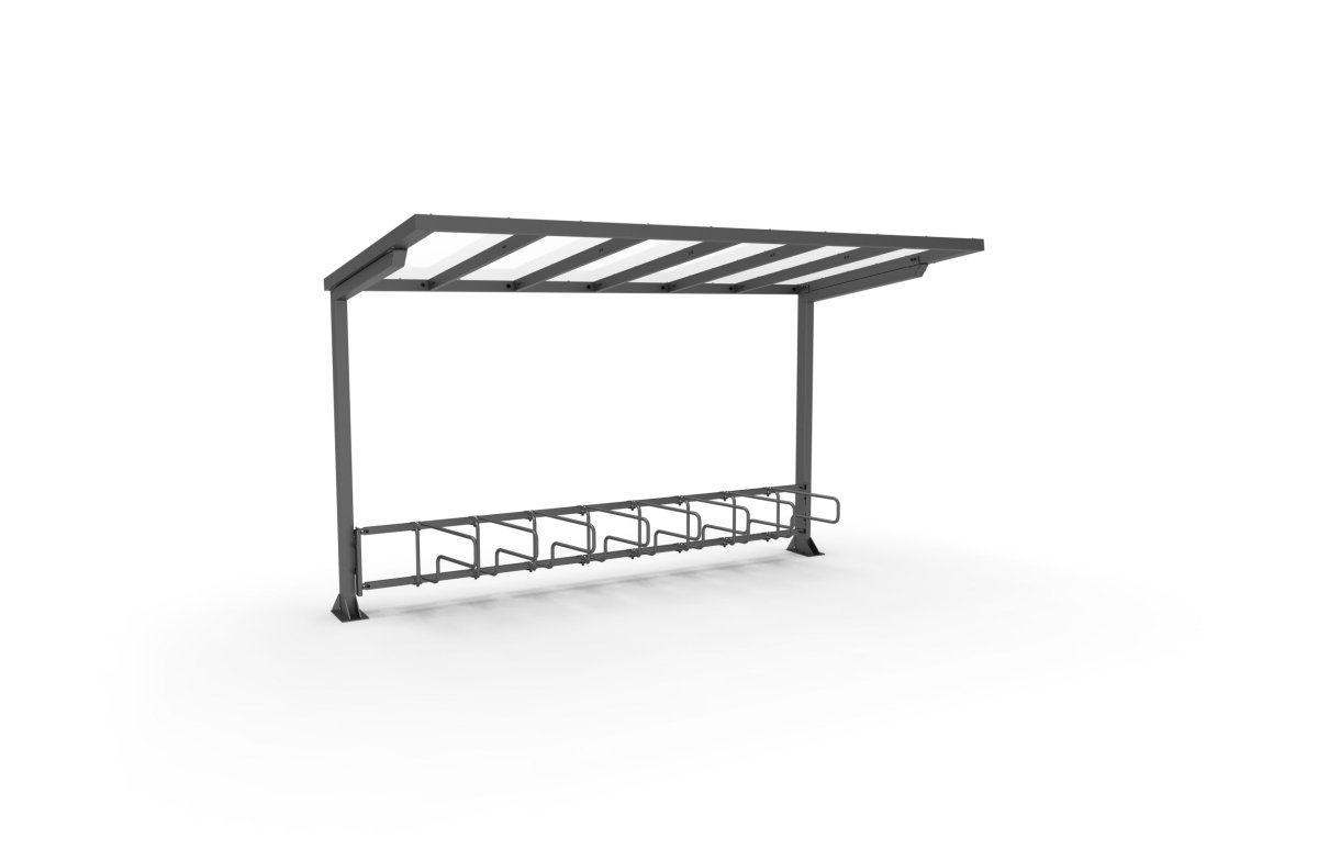 VIVA pyöräkatos 4 m, 1 - puol CubiQ std - pyörätelineet 8pp, takatolpilla, pinta - asennus - Lehtovuori